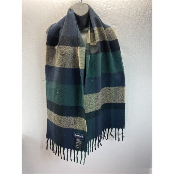 Barbour Westerdale Scarf Classic Green Navy Tartan Plaid Fringe 13 x‎ 72 - Picture 1 of 6